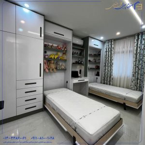 اتاق کودک با دو تخت تاشو و دستگیره‌های خاص | طراحی هوشمند و مدرن